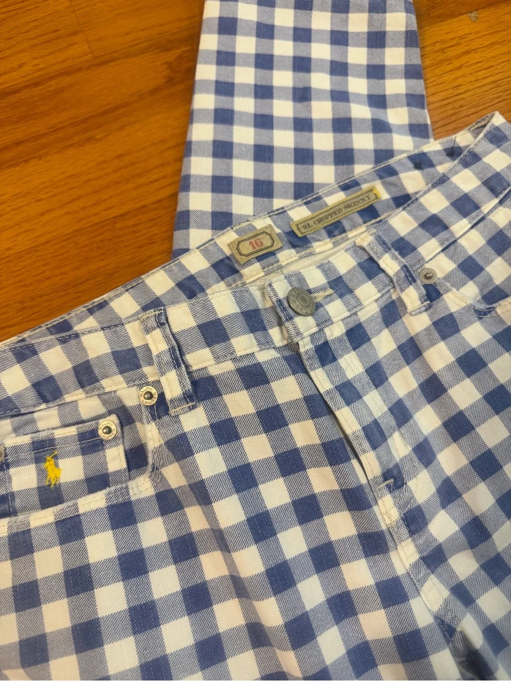 Y2K Ralph Lauren Girls Gingham Check High-Rise Jeans in Blue and White 16